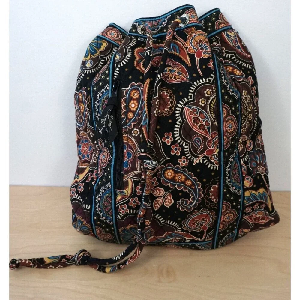 VERA BRADLEY Black Blue Yellow Quilted Floral Drawstring Cinch Backpack